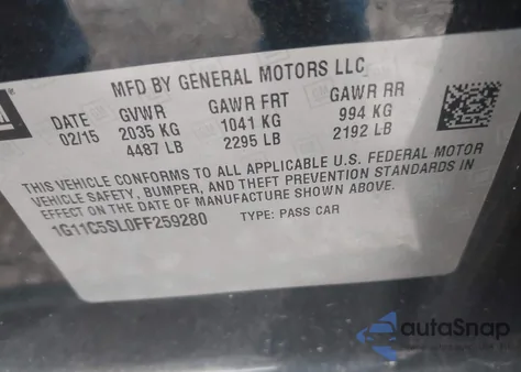 2015 Chevrolet Malibu 1Lt из США, поврежденный, VIN 1G11C5SL0FF259280